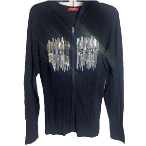 Guess Zip Up Black Sequin Sweater Women’s Size XL Fitted Y2K Cardigan Retro